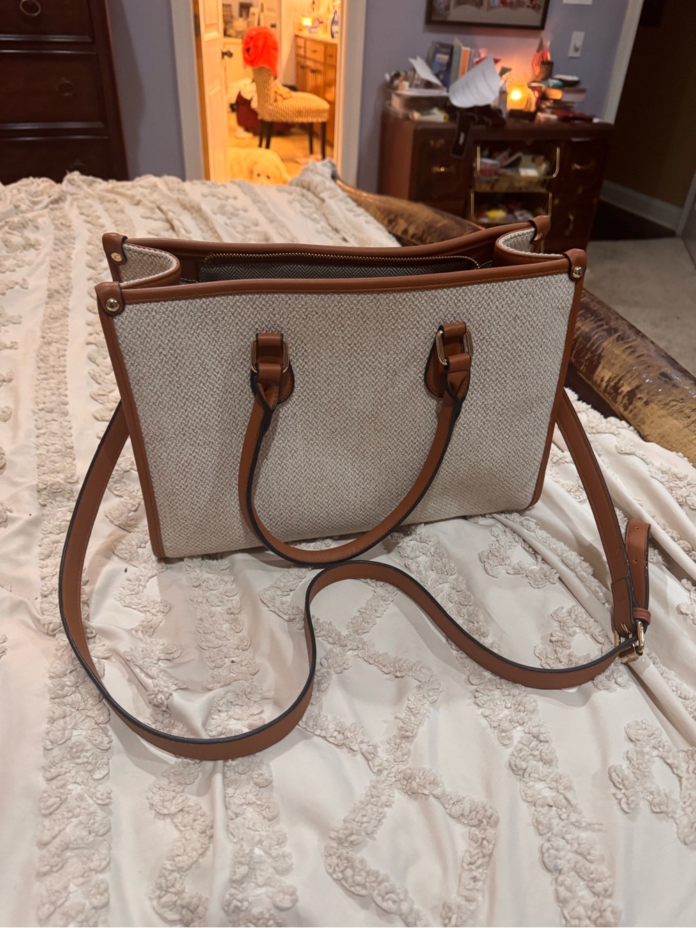 Neutral Canvas Shoulder Bag with Tan Trim - Structured Women’s Tote